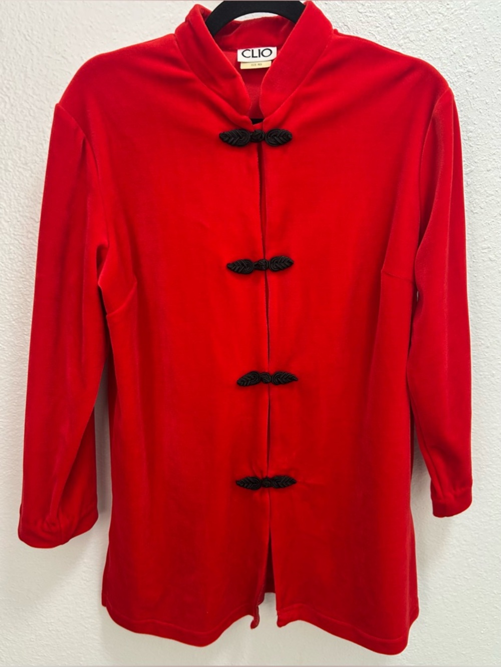 Vintage Clio Red Mandarin-Style Jacket with Black Frog Closures